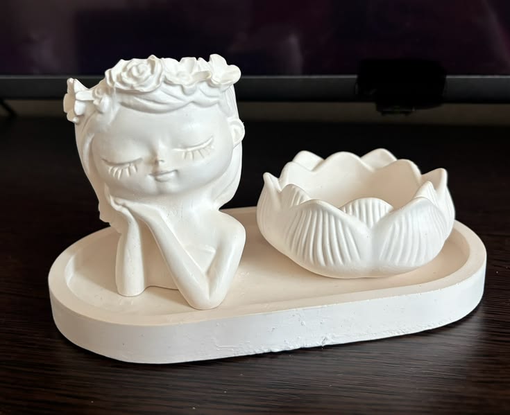 Oval shape tray + cute mini doll+ louts flower
